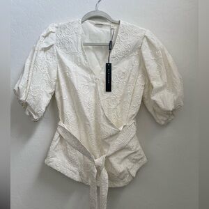 Zara Cream Eyelet Puff-Sleeve Wrap Top
